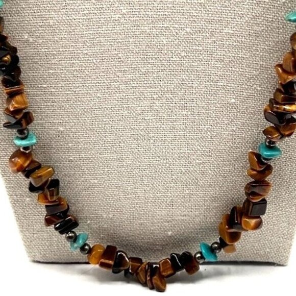 Vintage Tiger Eye & Genuine Turquoise Beaded Necklace - Picture 2 of 6